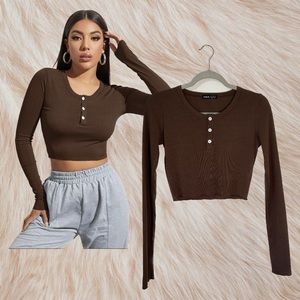 SHEIN Brown Henley Crop Long Sleeve